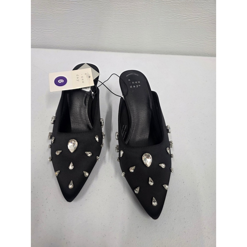 A New Day Womens Black Satin Rhinestone Embellished Kitten Heel Mules Size 6